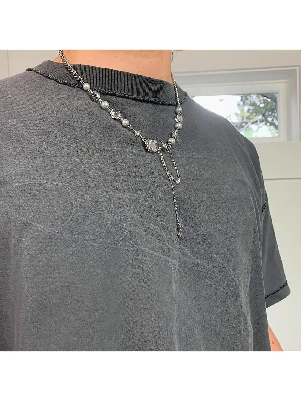 Cyber y2k grunge silver and beaded futuristic glass opal pendant necklace.